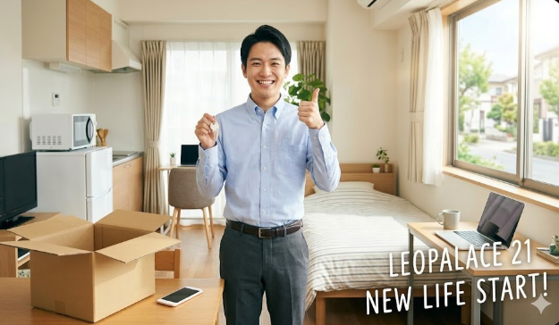 レオパレス21の家具家電付き物件で、鍵を手に笑顔でサムズアップする会社員男性。明るく清潔感のあるワンルームの室内。